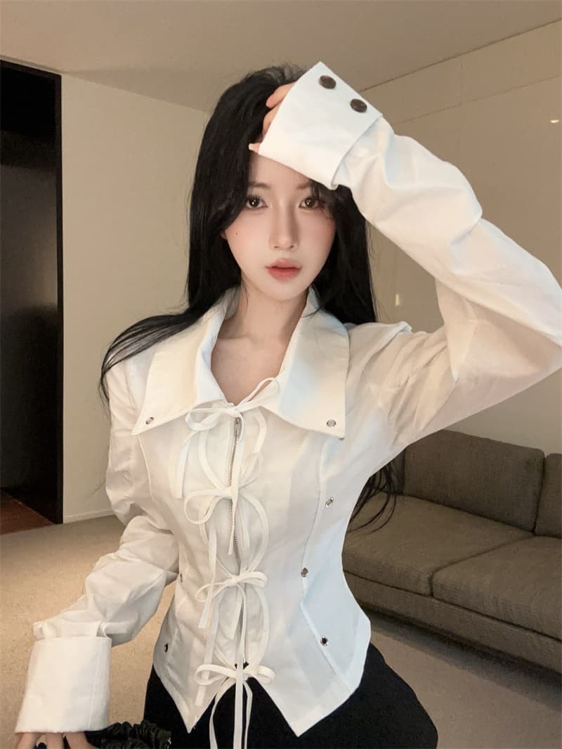 정가 실사 디자인 센스 차가운 선풍 스트랩 지퍼 폴로 칼라 긴팔 여성 셔츠 허리 수축 작은 대중 패션 재킷 이미지 4