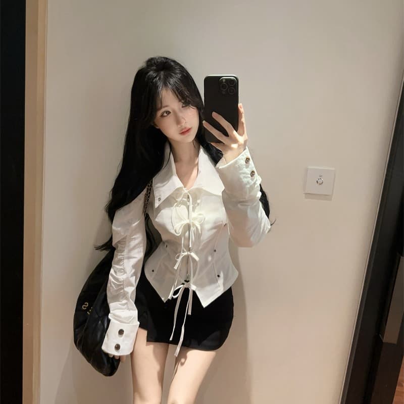 정가 실사 디자인 센스 차가운 선풍 스트랩 지퍼 폴로 칼라 긴팔 여성 셔츠 허리 수축 작은 대중 패션 재킷 이미지 5