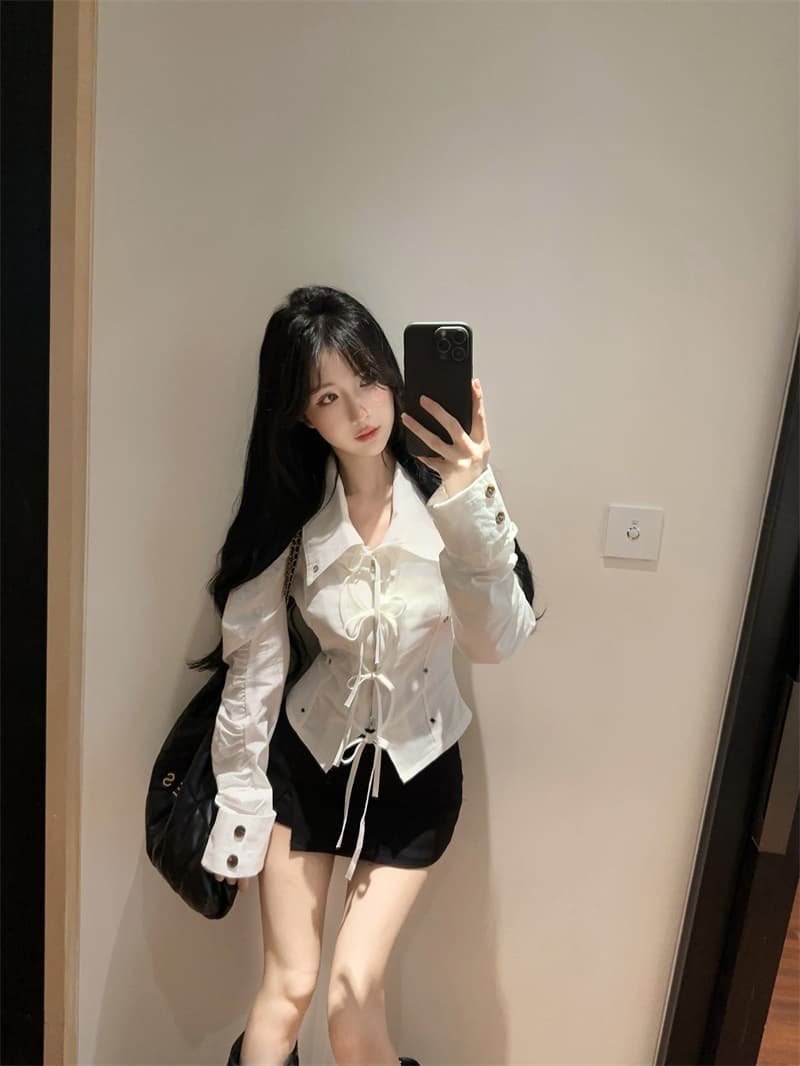정가 실사 디자인 센스 차가운 선풍 스트랩 지퍼 폴로 칼라 긴팔 여성 셔츠 허리 수축 작은 대중 패션 재킷 상세 이미지 8