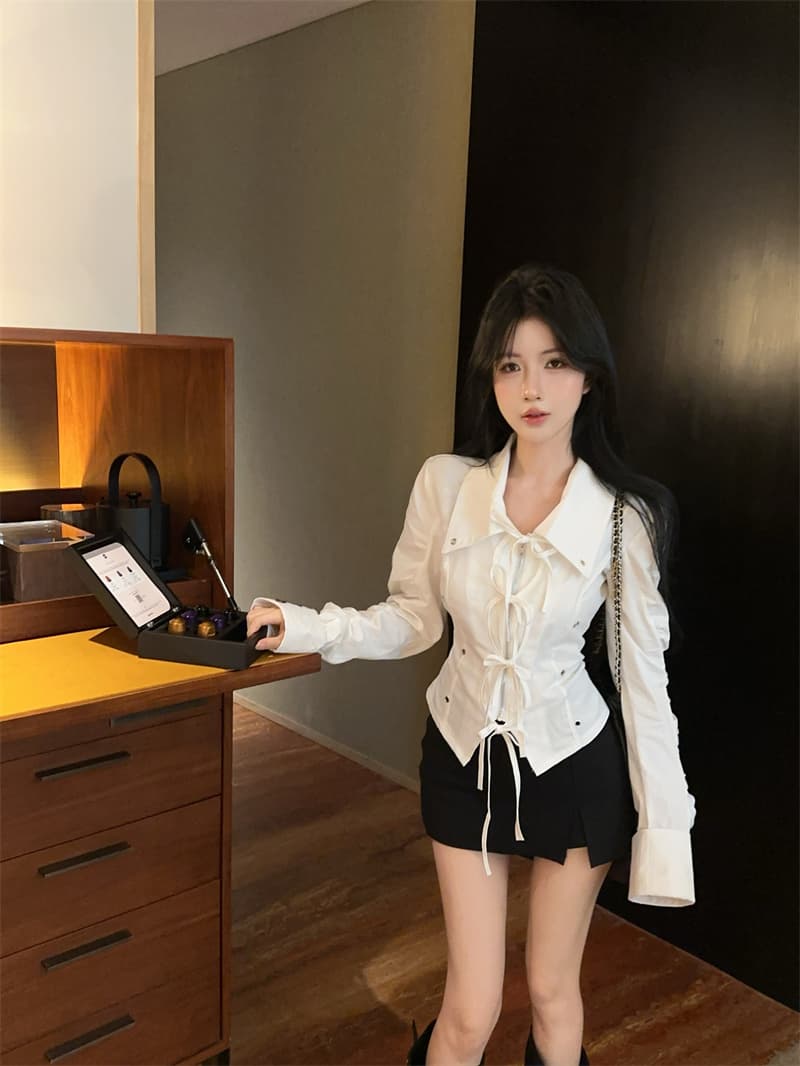 정가 실사 디자인 센스 차가운 선풍 스트랩 지퍼 폴로 칼라 긴팔 여성 셔츠 허리 수축 작은 대중 패션 재킷 상세 이미지 9
