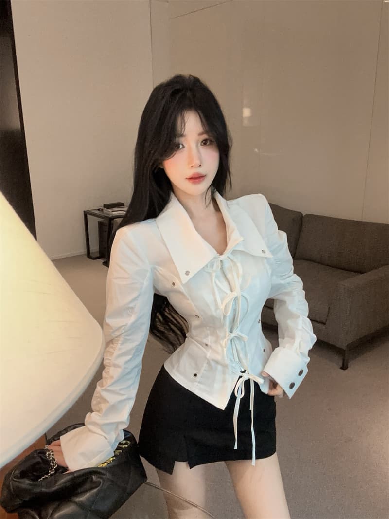 정가 실사 디자인 센스 차가운 선풍 스트랩 지퍼 폴로 칼라 긴팔 여성 셔츠 허리 수축 작은 대중 패션 재킷 상세 이미지 12