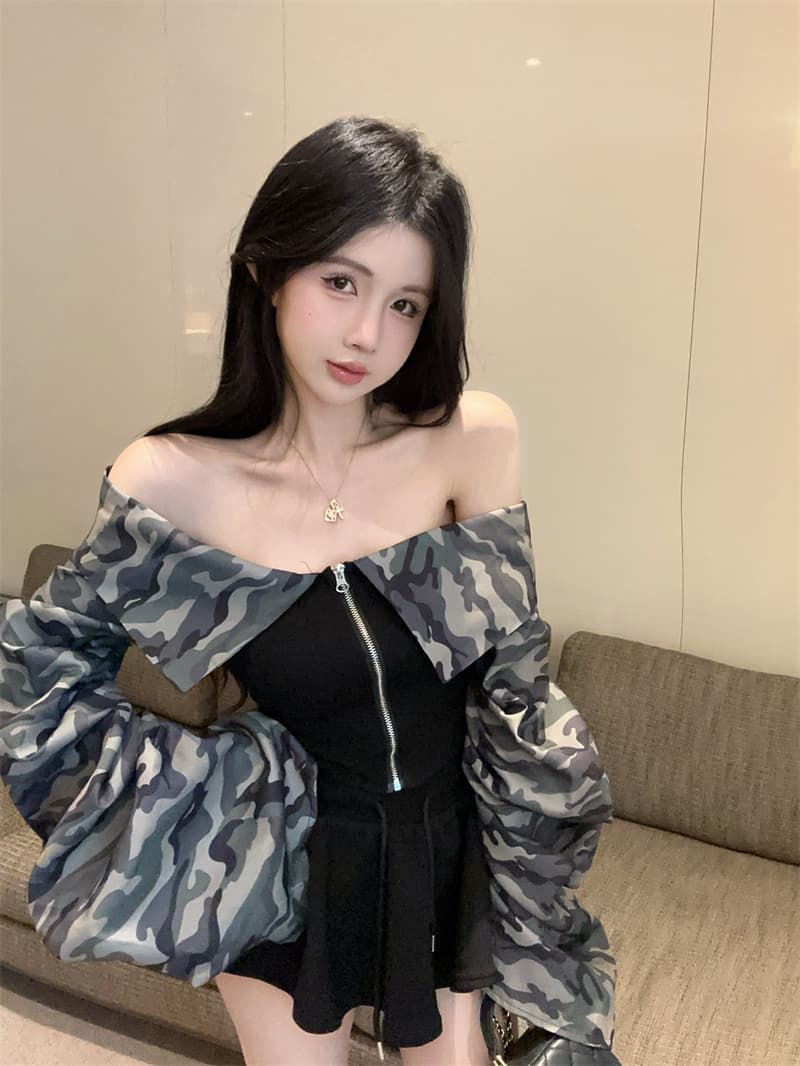 정가 실사 핫걸 카모플라주 허리 스트랩 오프숄더 긴팔 티셔츠 여성 순수한 욕망 섹시함 슬림해 보이는 맨위 트렌디 이미지 2