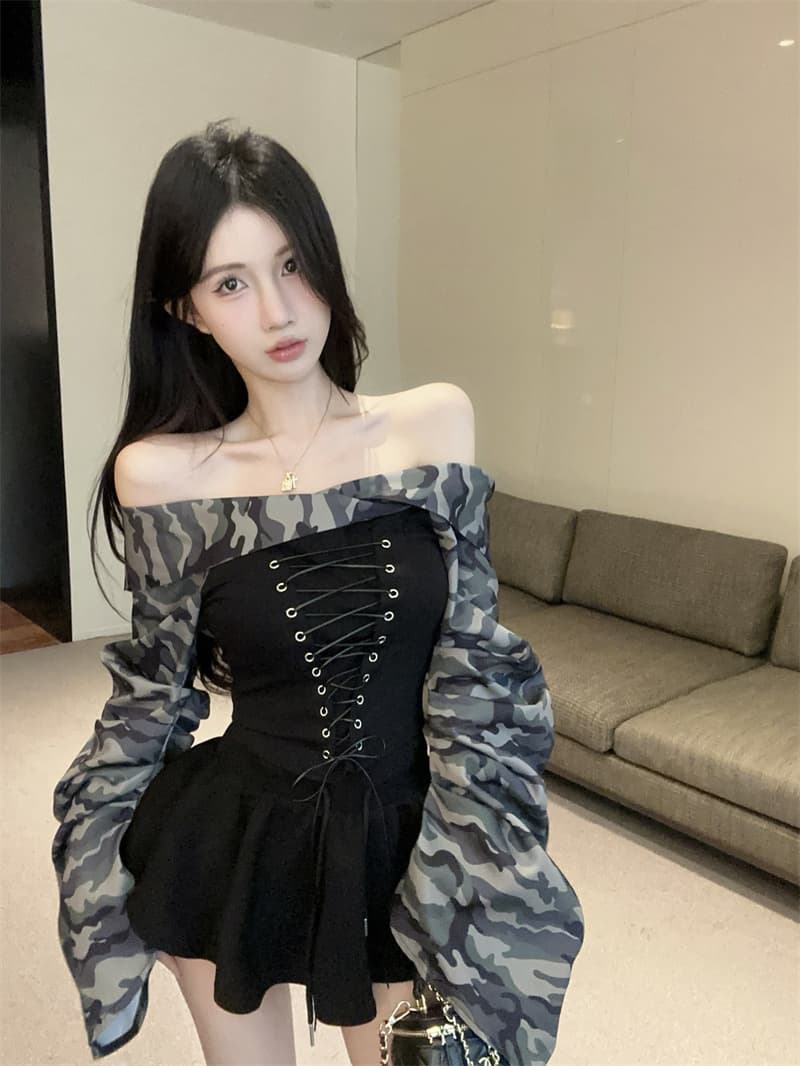 정가 실사 핫걸 카모플라주 허리 스트랩 오프숄더 긴팔 티셔츠 여성 순수한 욕망 섹시함 슬림해 보이는 맨위 트렌디 상세 이미지 5