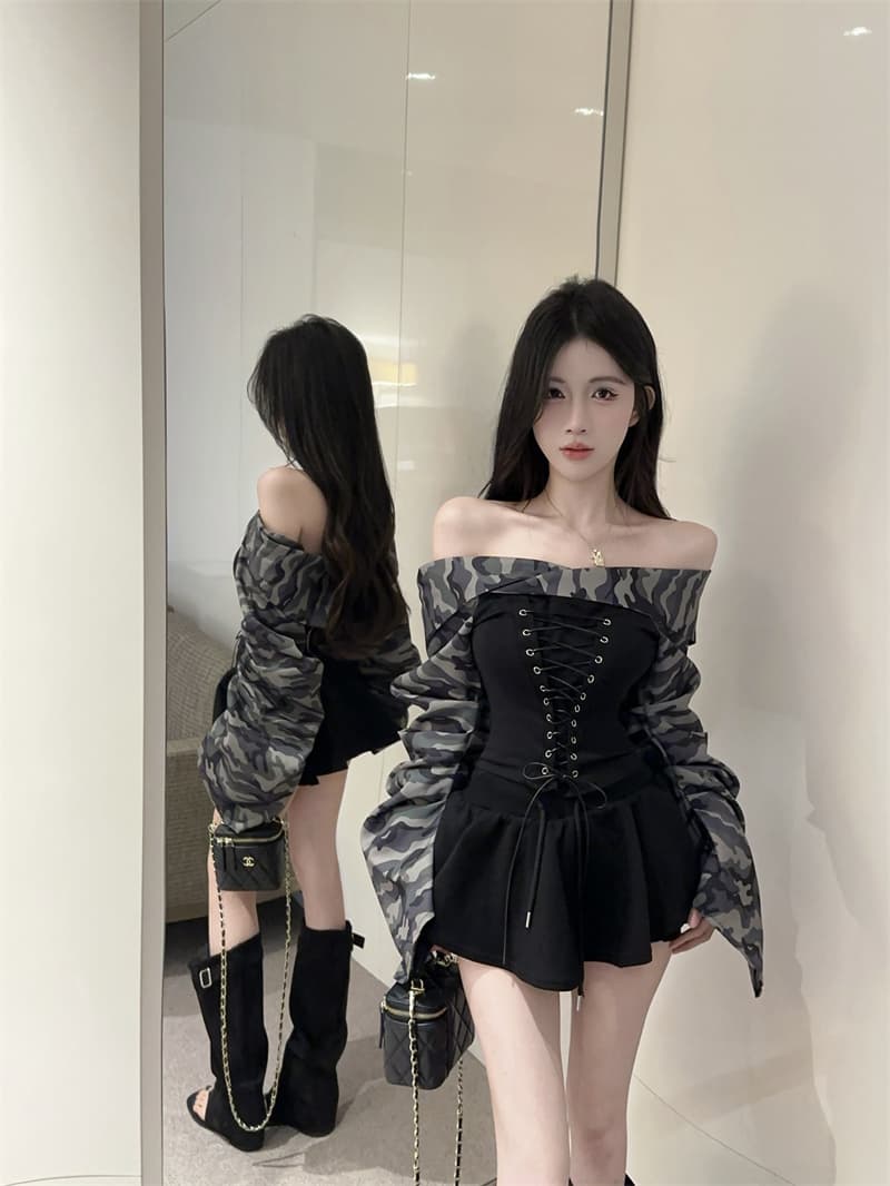 정가 실사 핫걸 카모플라주 허리 스트랩 오프숄더 긴팔 티셔츠 여성 순수한 욕망 섹시함 슬림해 보이는 맨위 트렌디 상세 이미지 10