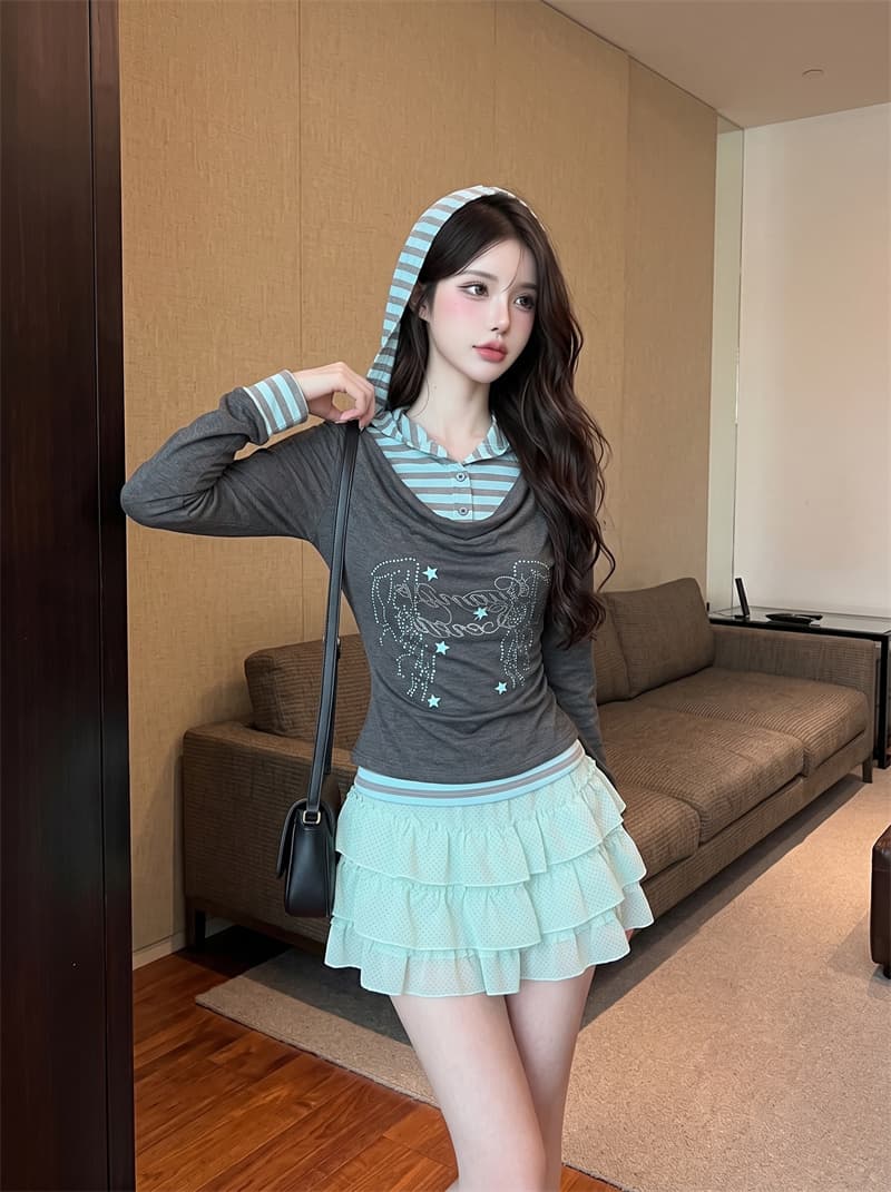 정가 실사 천년기 바람 프린트 긴팔 티셔츠 페이크 레이어드 달콤함 연령 감소 흔들다 칼라 배색 아름다운 풀오버 맨위 상세 이미지 1