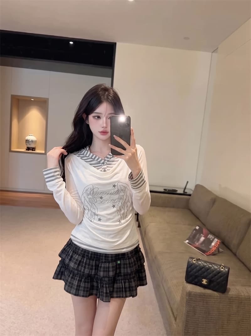 정가 실사 천년기 바람 프린트 긴팔 티셔츠 페이크 레이어드 달콤함 연령 감소 흔들다 칼라 배색 아름다운 풀오버 맨위 상세 이미지 14