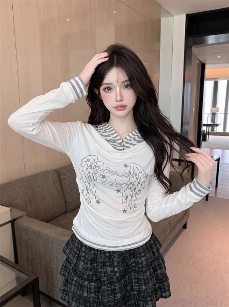 정가 실사 천년기 바람 프린트 긴팔 티셔츠 페이크 레이어드 달콤함 연령 감소 흔들다 칼라 배색 아름다운 풀오버 맨위 상세 이미지 18