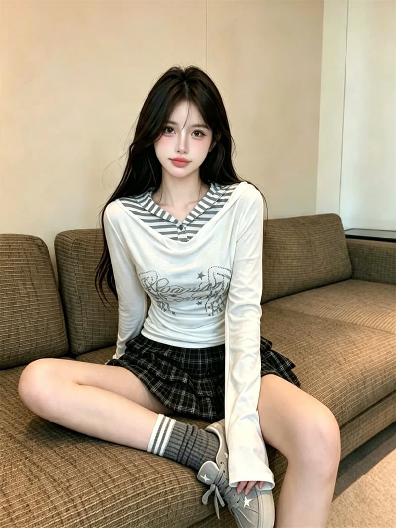 정가 실사 천년기 바람 프린트 긴팔 티셔츠 페이크 레이어드 달콤함 연령 감소 흔들다 칼라 배색 아름다운 풀오버 맨위 상세 이미지 19