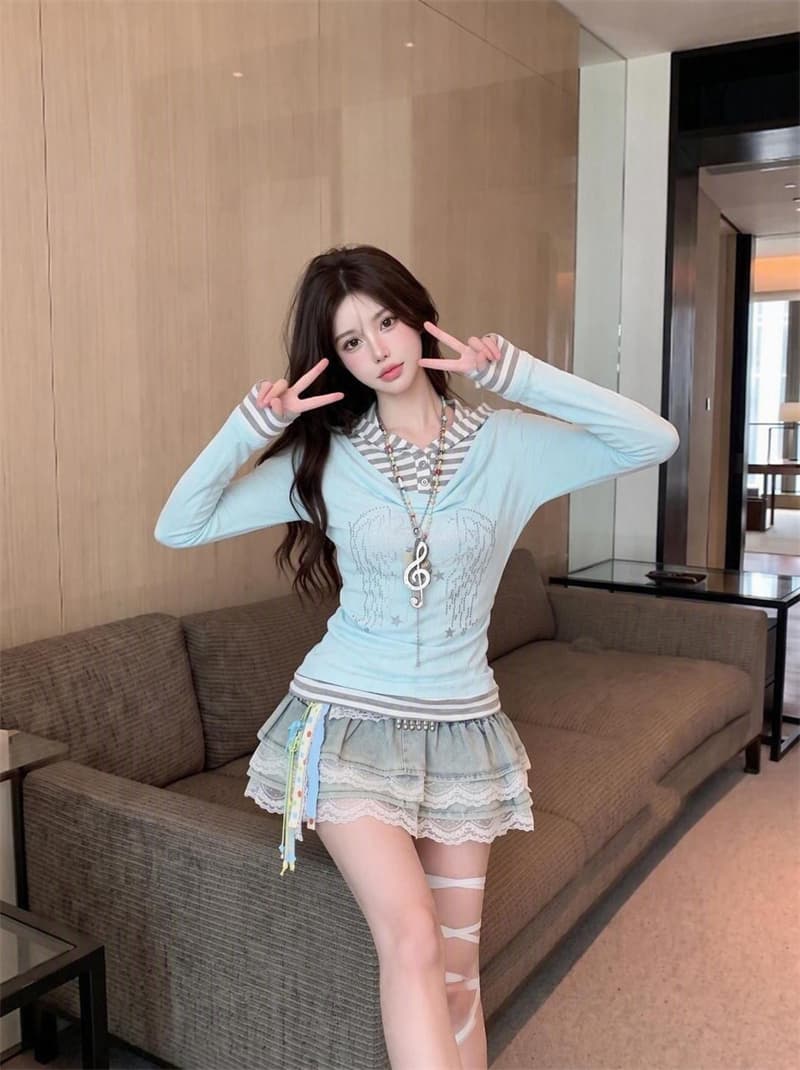 정가 실사 천년기 바람 프린트 긴팔 티셔츠 페이크 레이어드 달콤함 연령 감소 흔들다 칼라 배색 아름다운 풀오버 맨위 상세 이미지 21