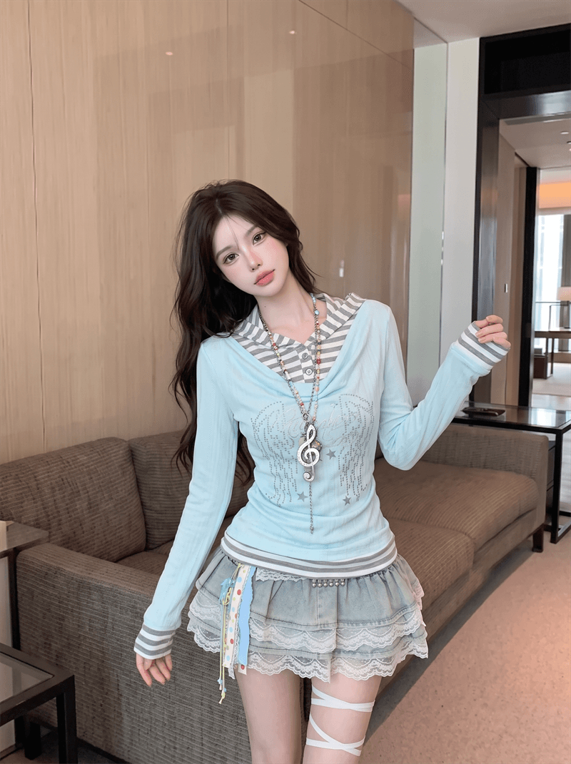 정가 실사 천년기 바람 프린트 긴팔 티셔츠 페이크 레이어드 달콤함 연령 감소 흔들다 칼라 배색 아름다운 풀오버 맨위 상세 이미지 22