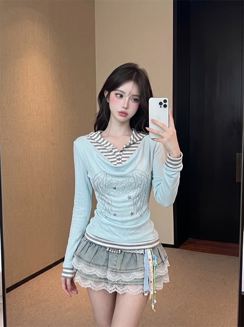 정가 실사 천년기 바람 프린트 긴팔 티셔츠 페이크 레이어드 달콤함 연령 감소 흔들다 칼라 배색 아름다운 풀오버 맨위 상세 이미지 24
