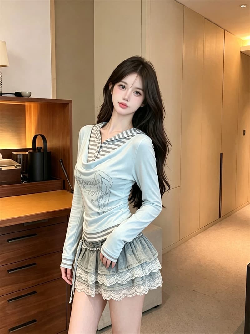정가 실사 천년기 바람 프린트 긴팔 티셔츠 페이크 레이어드 달콤함 연령 감소 흔들다 칼라 배색 아름다운 풀오버 맨위 상세 이미지 25