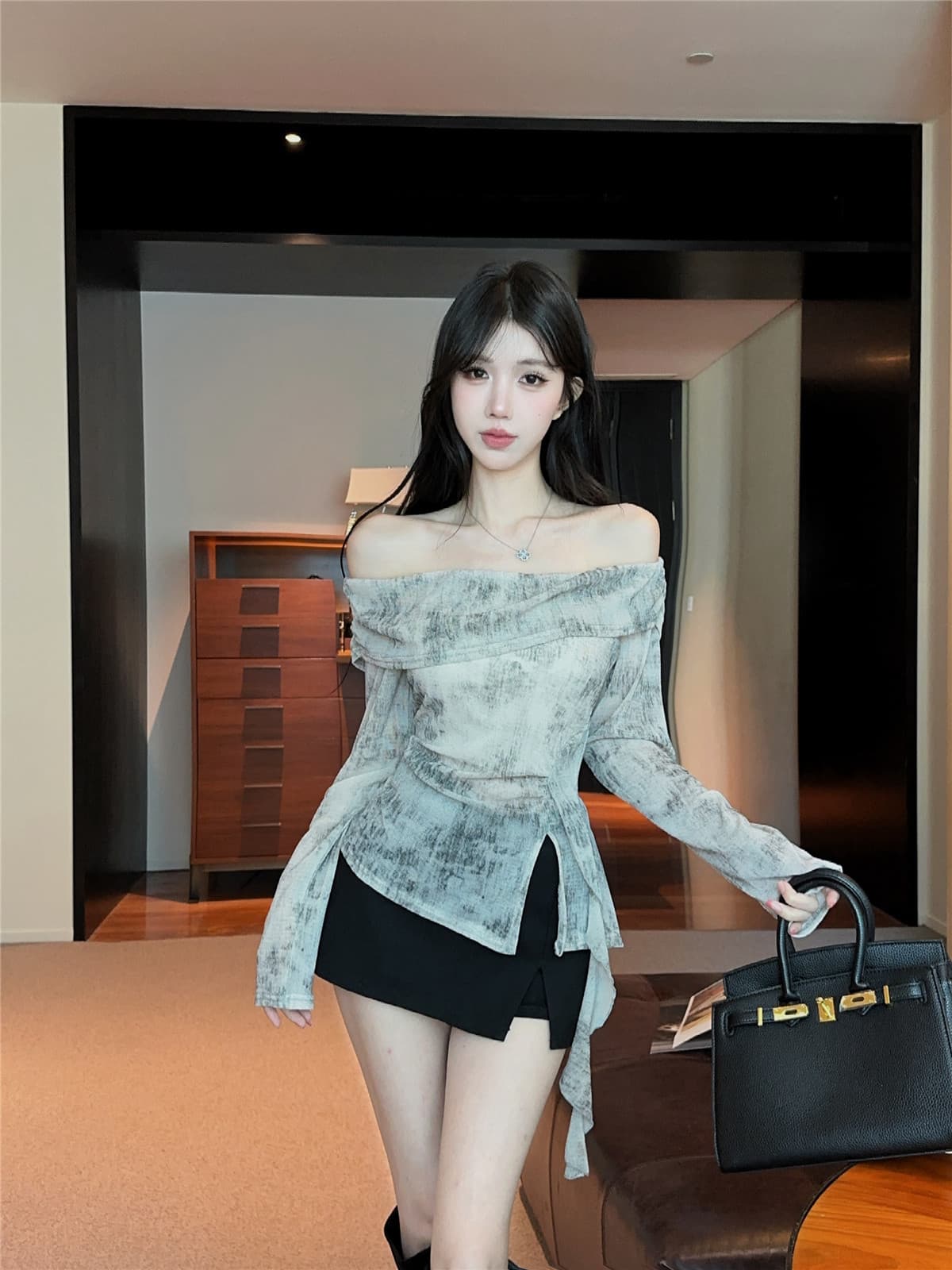 실사 순수한 욕망 살구 색상 도트 무늬 디자인 센스 오프숄더 긴팔 티셔츠 가을 디자인 센스 슬림해 보이는 불규칙 맨위 상세 이미지 1