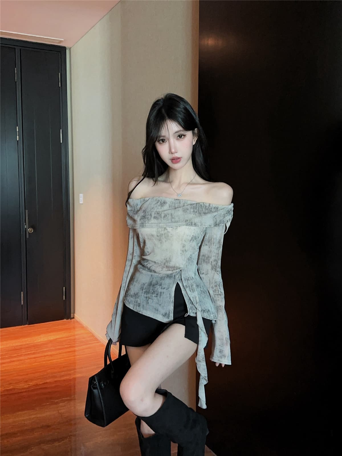 실사 순수한 욕망 살구 색상 도트 무늬 디자인 센스 오프숄더 긴팔 티셔츠 가을 디자인 센스 슬림해 보이는 불규칙 맨위 상세 이미지 3