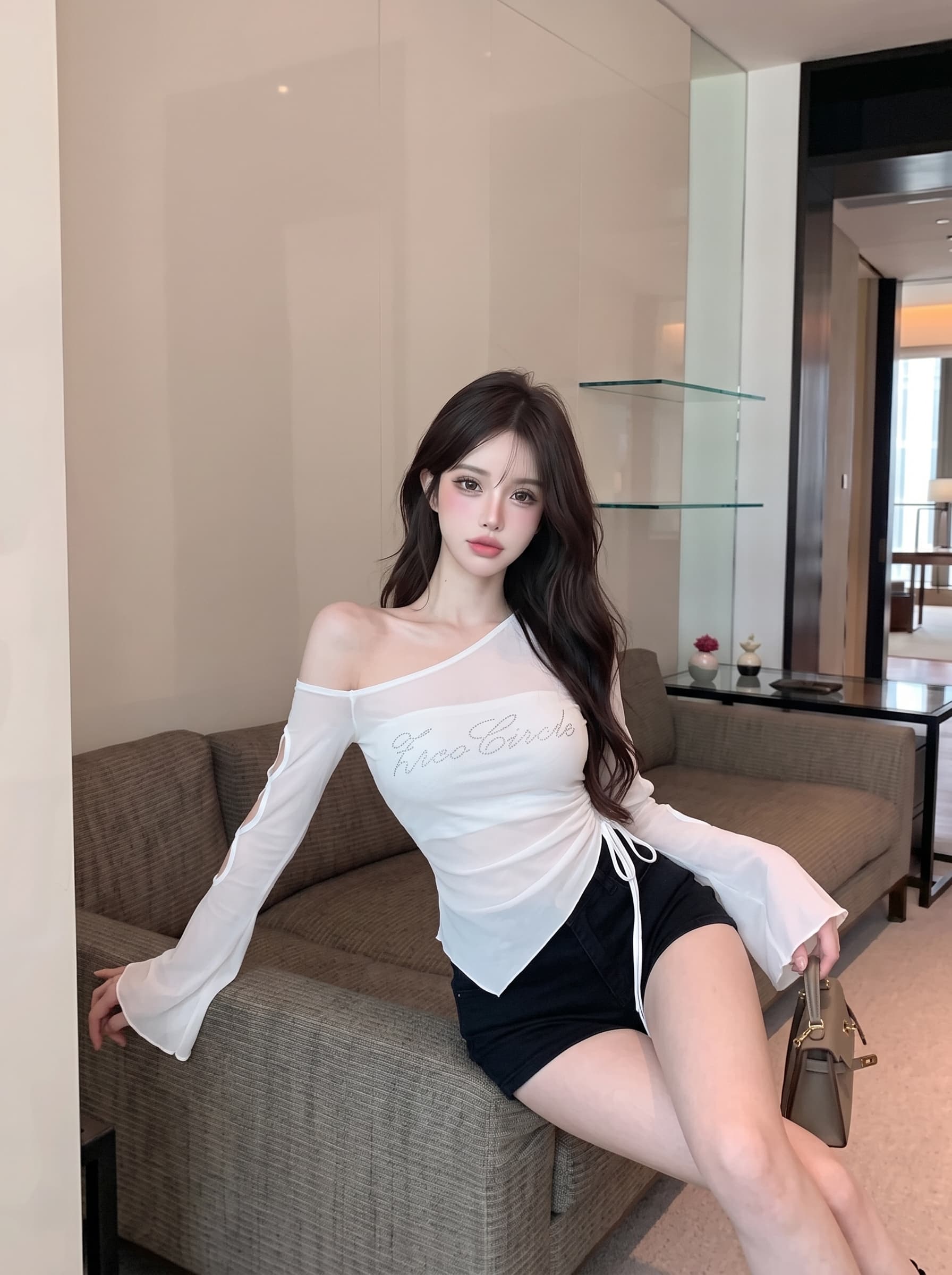 실사 정가 핫걸 디자인 센스 비스듬한 어깨 마이크로 ~을 통해 망사 티셔츠 작은 심장 기계 홀로우 아웃 긴팔 몸매 가꾸기 핫픽스 맨위 상세 이미지 2