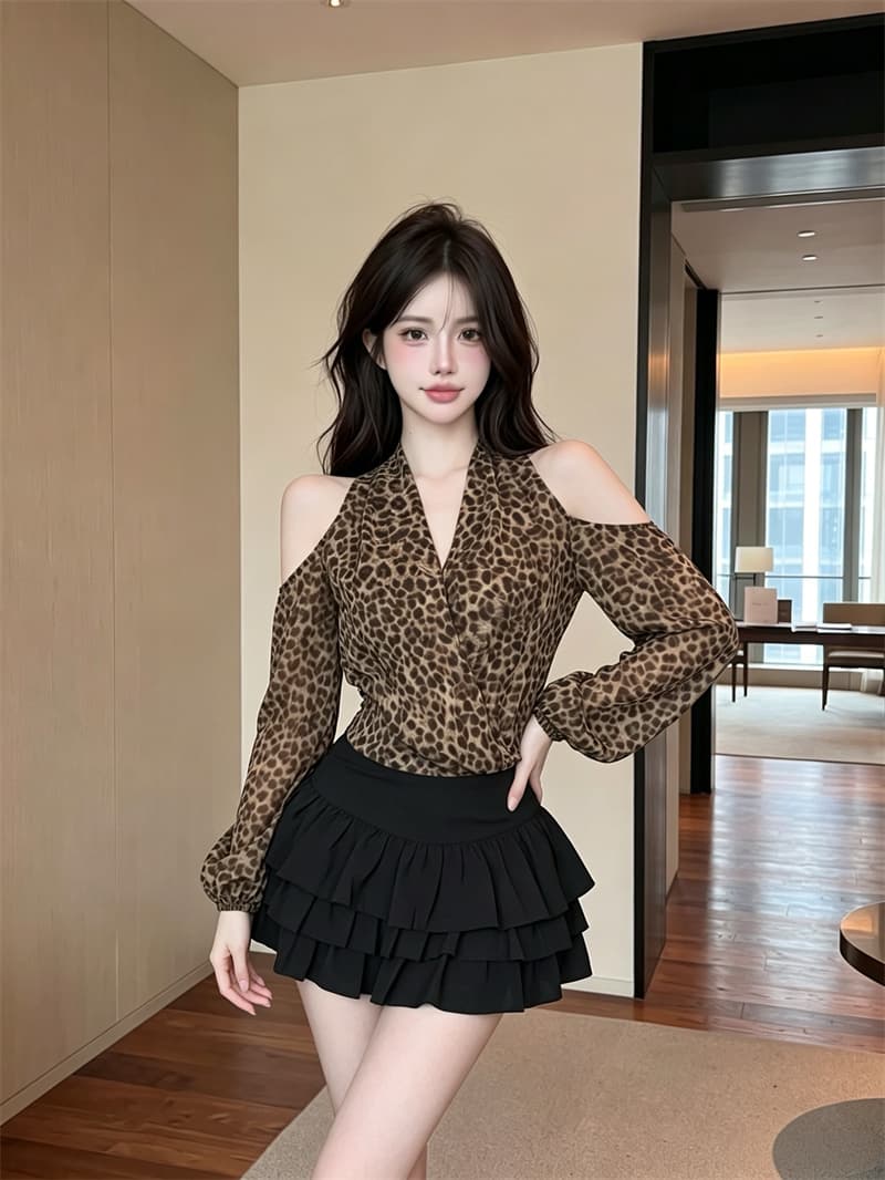 정가 실사 섹시함 핫걸 오프숄더 V넥 레오파드 무늬 쉬폰 여성 셔츠 가을 허리 수축 슬림해 보이는 벌룬 소매 맨위 상세 이미지 3