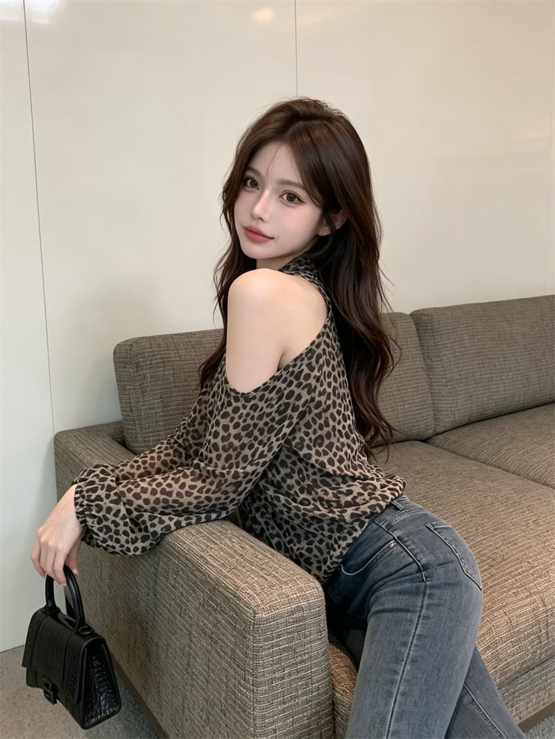 정가 실사 섹시함 핫걸 오프숄더 V넥 레오파드 무늬 쉬폰 여성 셔츠 가을 허리 수축 슬림해 보이는 벌룬 소매 맨위 상세 이미지 9