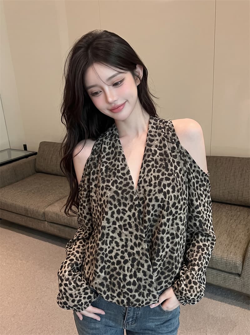 정가 실사 섹시함 핫걸 오프숄더 V넥 레오파드 무늬 쉬폰 여성 셔츠 가을 허리 수축 슬림해 보이는 벌룬 소매 맨위 상세 이미지 14