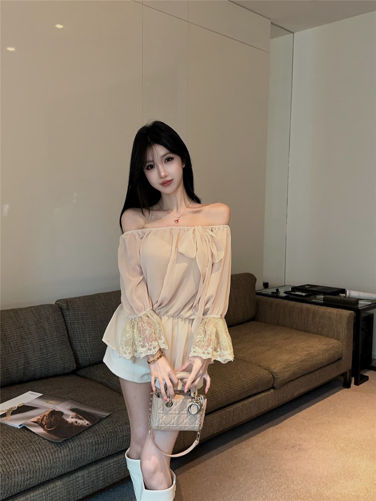 실사 정가 프랑스식 오프숄더 긴팔 쉬폰 셔츠 부드러운 바람 허리 수축 둘 착용 나팔 소매 레이스 맨위 상세 이미지 1