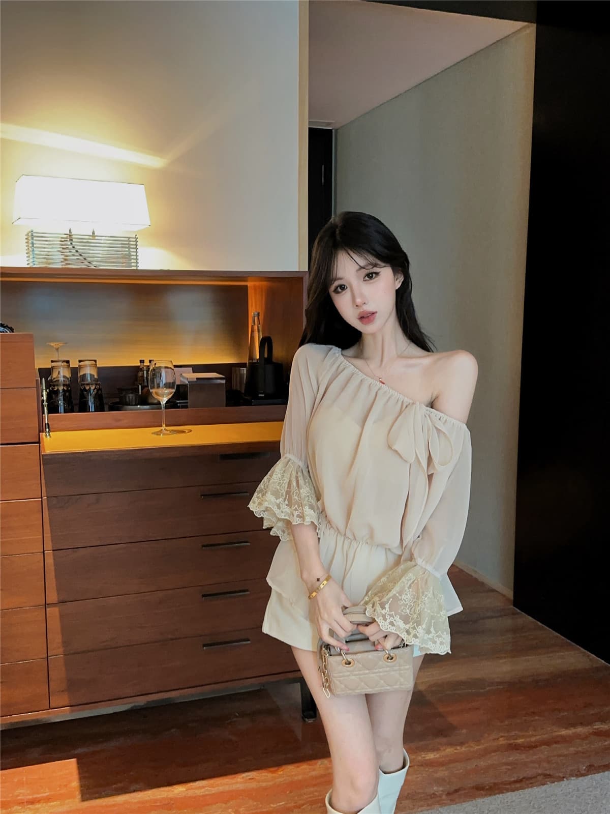 실사 정가 프랑스식 오프숄더 긴팔 쉬폰 셔츠 부드러운 바람 허리 수축 둘 착용 나팔 소매 레이스 맨위 상세 이미지 3