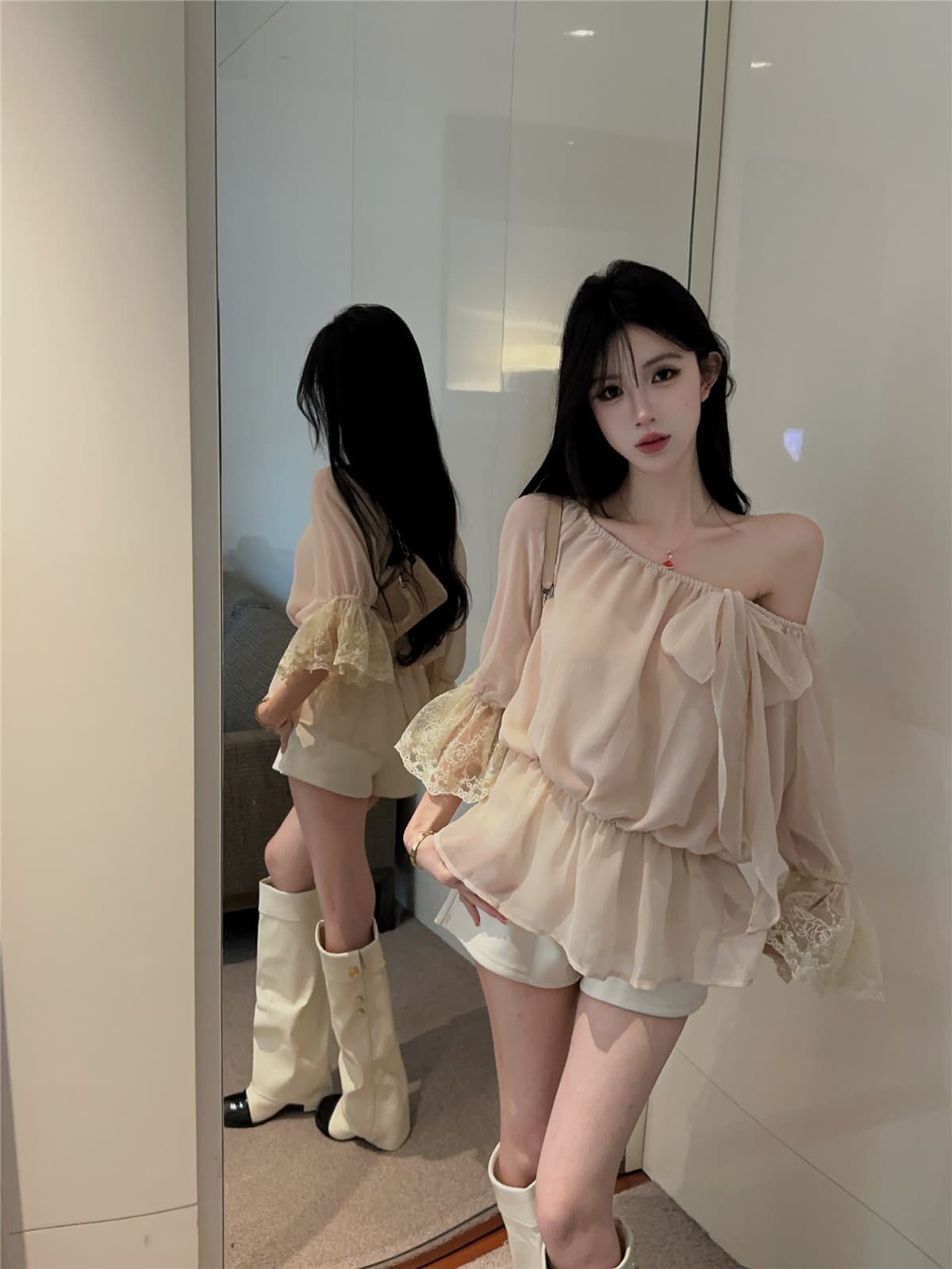 실사 정가 프랑스식 오프숄더 긴팔 쉬폰 셔츠 부드러운 바람 허리 수축 둘 착용 나팔 소매 레이스 맨위 상세 이미지 4