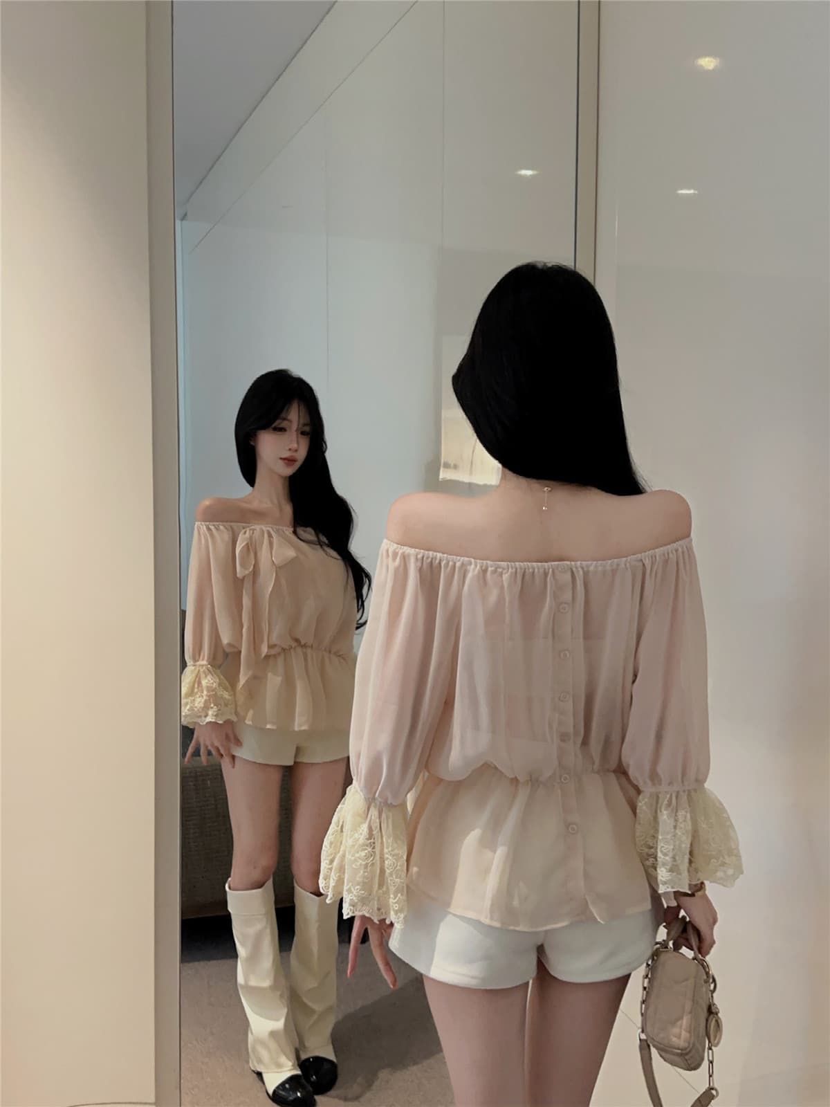 실사 정가 프랑스식 오프숄더 긴팔 쉬폰 셔츠 부드러운 바람 허리 수축 둘 착용 나팔 소매 레이스 맨위 상세 이미지 6