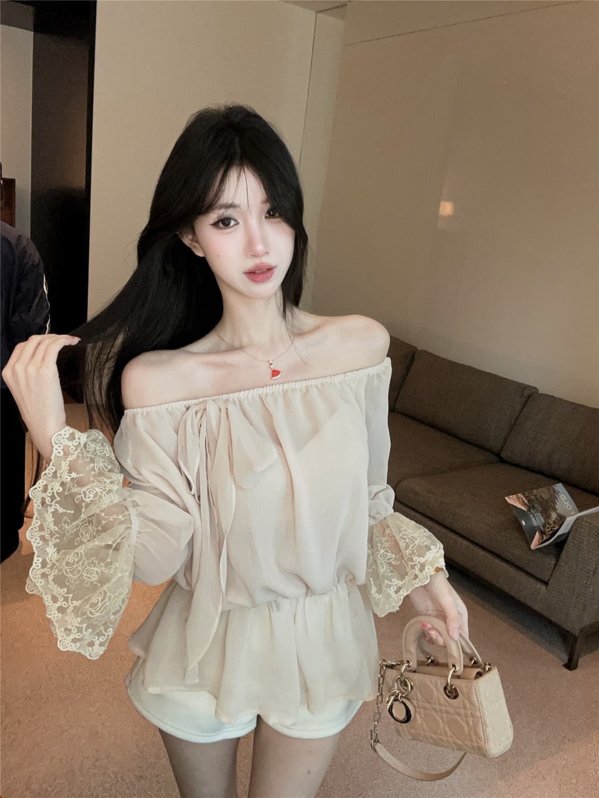 실사 정가 프랑스식 오프숄더 긴팔 쉬폰 셔츠 부드러운 바람 허리 수축 둘 착용 나팔 소매 레이스 맨위 상세 이미지 8