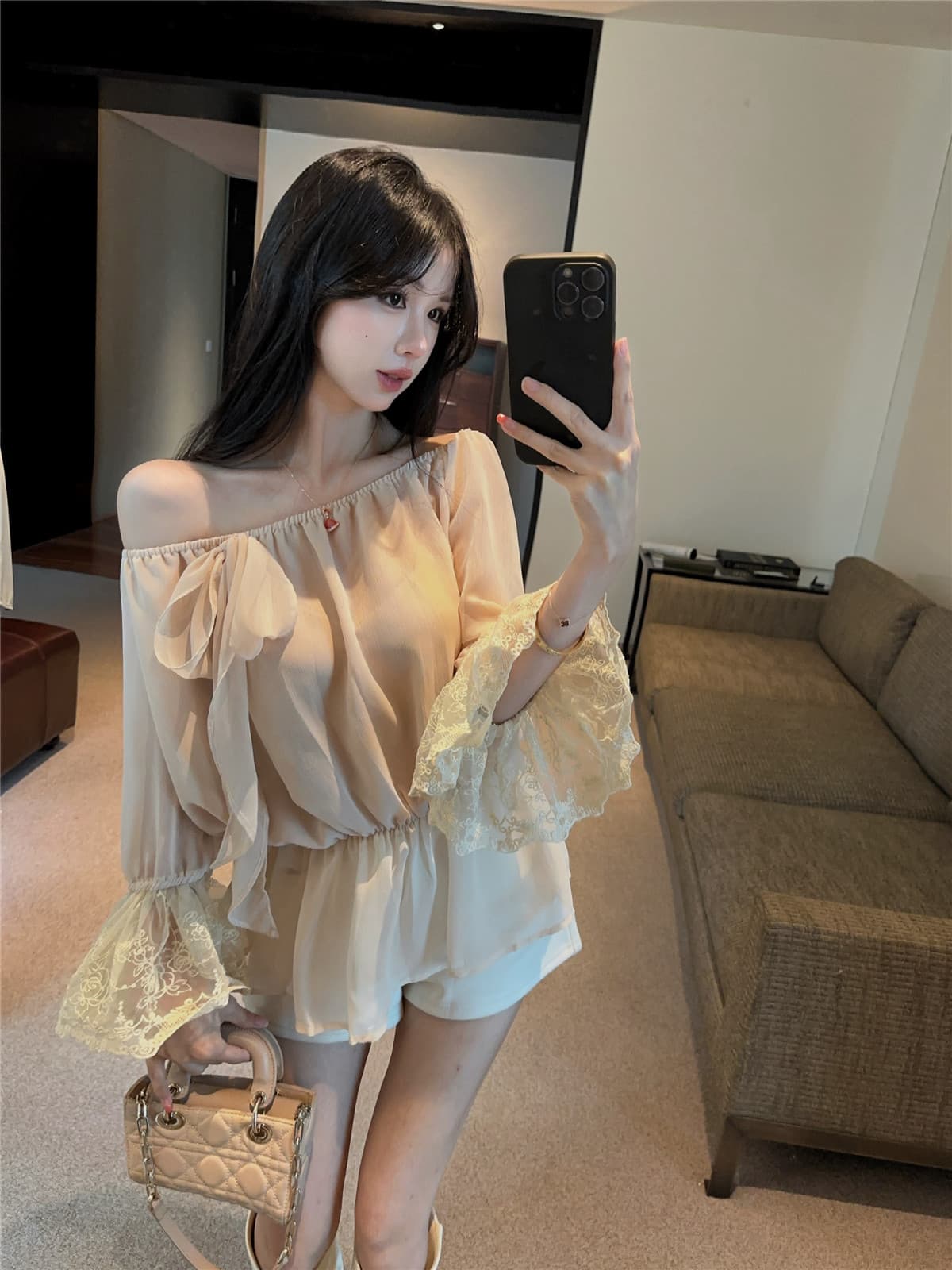 실사 정가 프랑스식 오프숄더 긴팔 쉬폰 셔츠 부드러운 바람 허리 수축 둘 착용 나팔 소매 레이스 맨위 상세 이미지 9