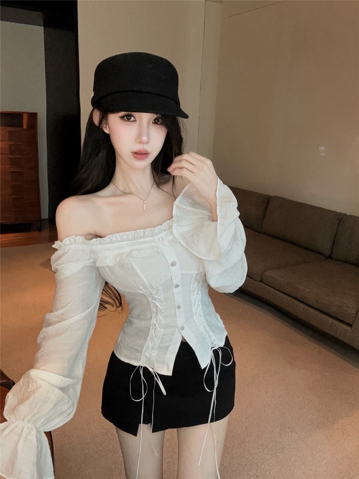 실사 정가 프랑스식 화이트 오프숄더 긴팔 셔츠 디자인 센스 Chic 아름다운 쇼트 스타일 맨위 상세 이미지 9