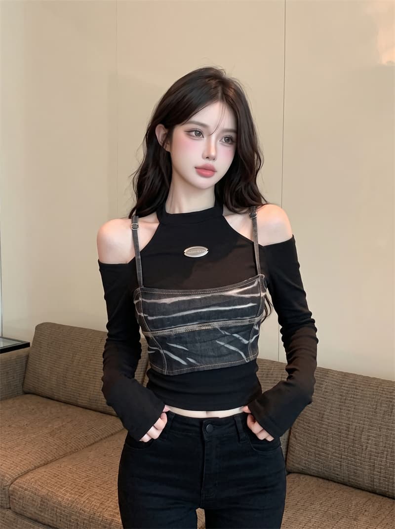 실사 실사 아메리칸 차가운 매운맛 페이크 레이어드 작은 조끼 여성 가을 행침 목 슬립 쇼트 스타일 긴팔 외출용 티셔츠 상세 이미지 6