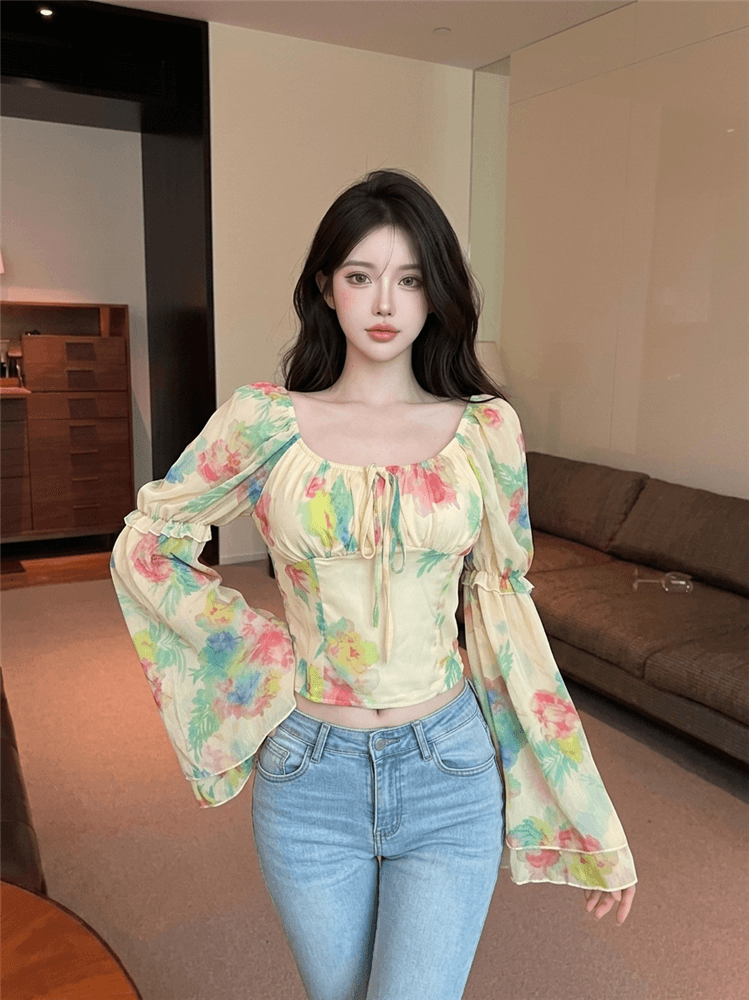 실사 정가 순수한 욕망 수채화 물감 헤일로 염색 꽃무늬 쉬폰 블라우스 부드러운 바람 광장 칼라 디자인 센스 나팔 소매 맨위 상세 이미지 3