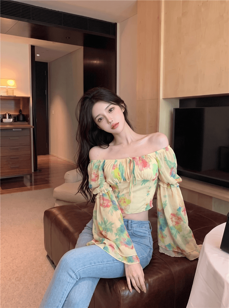 실사 정가 순수한 욕망 수채화 물감 헤일로 염색 꽃무늬 쉬폰 블라우스 부드러운 바람 광장 칼라 디자인 센스 나팔 소매 맨위 상세 이미지 5