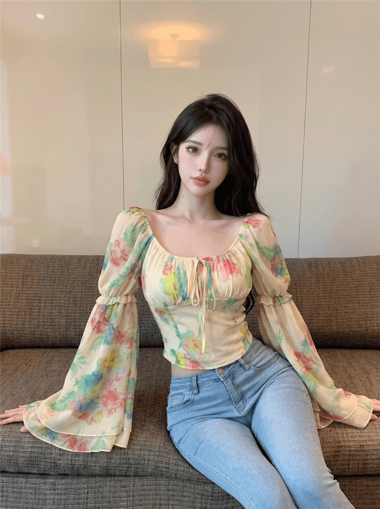 실사 정가 순수한 욕망 수채화 물감 헤일로 염색 꽃무늬 쉬폰 블라우스 부드러운 바람 광장 칼라 디자인 센스 나팔 소매 맨위 상세 이미지 6