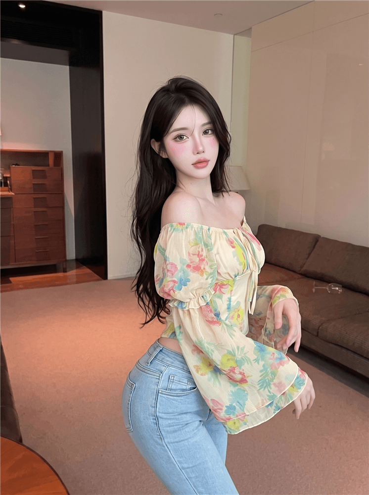 실사 정가 순수한 욕망 수채화 물감 헤일로 염색 꽃무늬 쉬폰 블라우스 부드러운 바람 광장 칼라 디자인 센스 나팔 소매 맨위 상세 이미지 4
