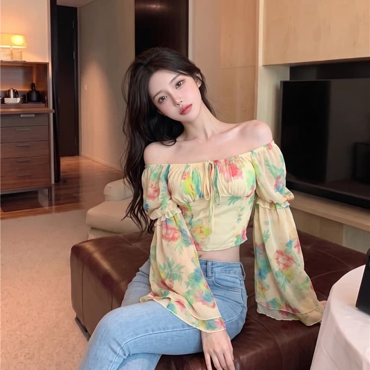 실사 정가 순수한 욕망 수채화 물감 헤일로 염색 꽃무늬 쉬폰 블라우스 부드러운 바람 광장 칼라 디자인 센스 나팔 소매 맨위 이미지 3