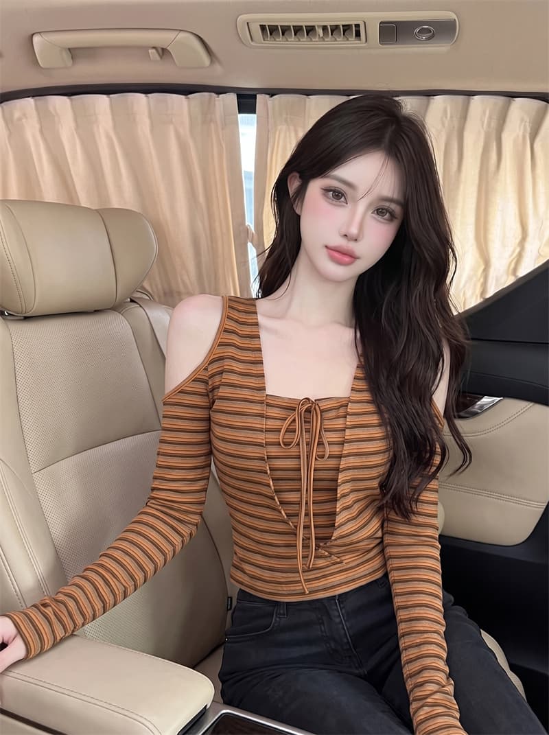 정가 실사 핫걸 바람 디자인 센스 배색 스트라이프 페이크 레이어드 긴팔 여성 새로운 레이스업 오프숄더 디자인 맨위 상세 이미지 7