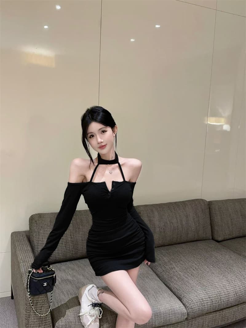 정가 실사 프랑스식 순수한 욕망 가스 질감 행침 목 오프숄더 여성 드레스 섹시함 핫걸 슬림해 보이는 타이트 스커트 미니 스커트 상세 이미지 1