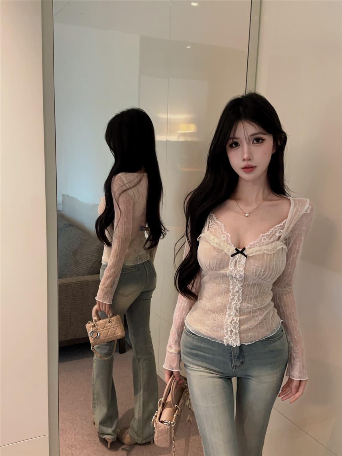 실사 정가 순수한 욕망 핫걸 작은 대중 나비 매듭 레이스 긴팔 몸매 가꾸기 V넥 인사이드 잡아라. 의류 상세 이미지 7