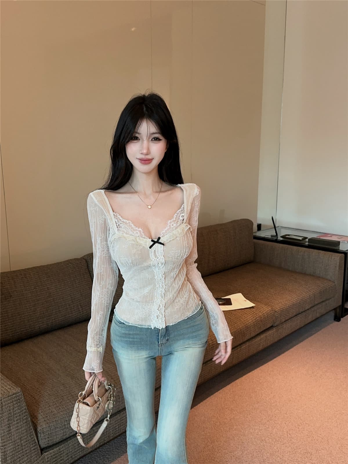 실사 정가 순수한 욕망 핫걸 작은 대중 나비 매듭 레이스 긴팔 몸매 가꾸기 V넥 인사이드 잡아라. 의류 상세 이미지 12