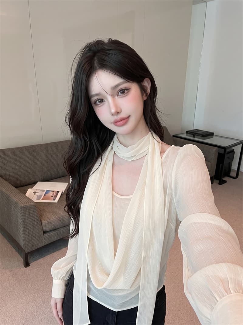 정가 실사 이른 가을 새로운 프랑스식 페이크 레이어드 리본 셔츠 디자인 센스 불규칙 리본 품격 맨위 상세 이미지 2