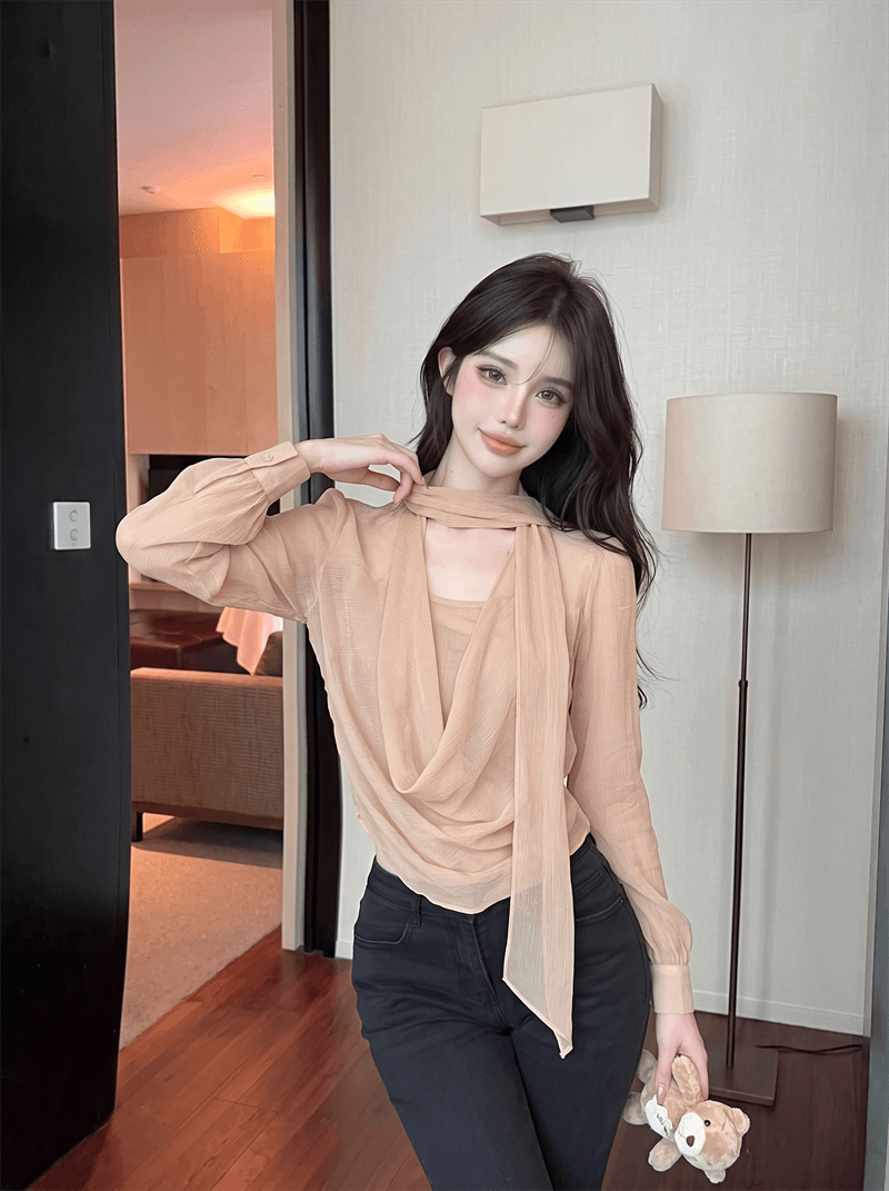 정가 실사 이른 가을 새로운 프랑스식 페이크 레이어드 리본 셔츠 디자인 센스 불규칙 리본 품격 맨위 상세 이미지 5