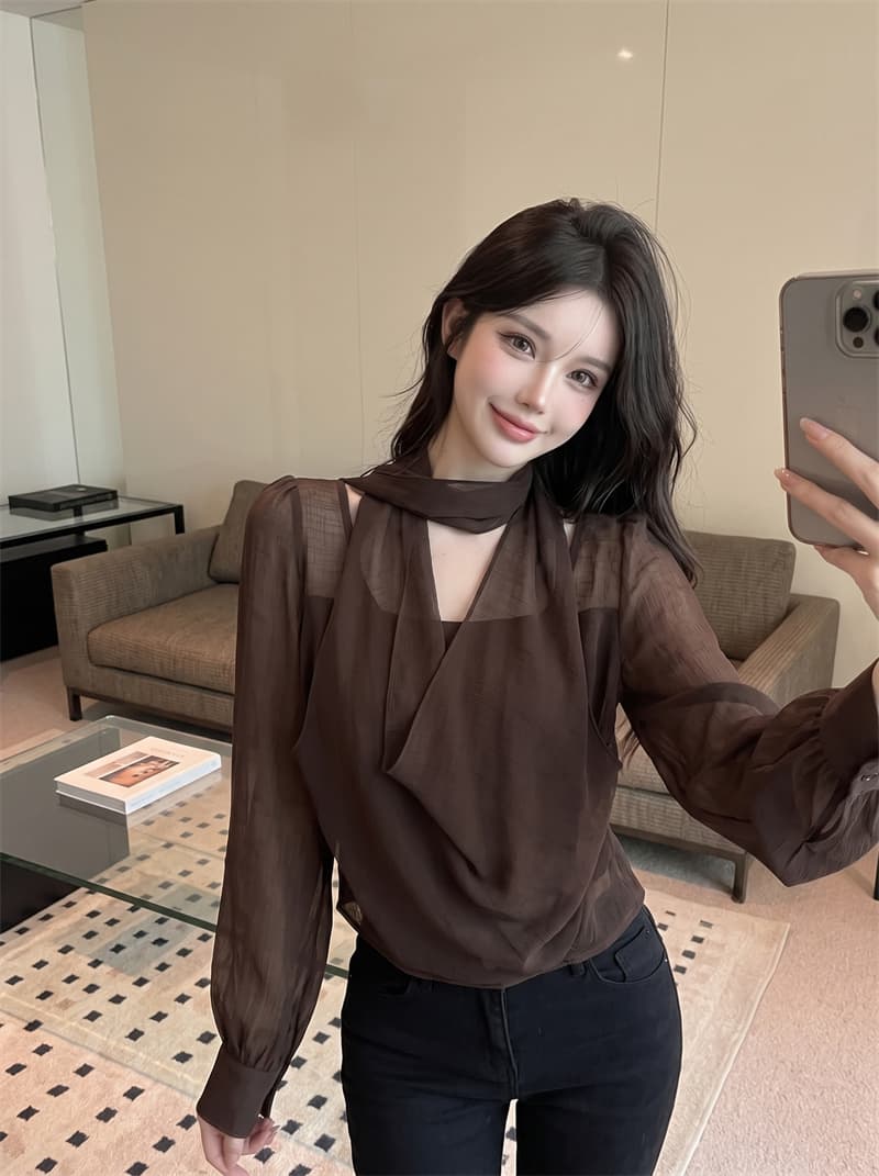 정가 실사 이른 가을 새로운 프랑스식 페이크 레이어드 리본 셔츠 디자인 센스 불규칙 리본 품격 맨위 상세 이미지 10