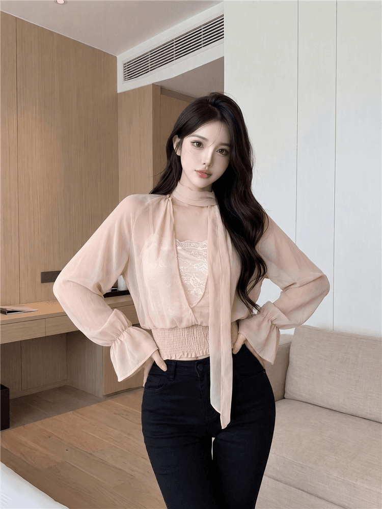 실사 느긋한 바람 페이크 레이어드 리본 칼라 주름 허리 수축 마이크로 ~을 통해 쉬폰 블라우스 상세 이미지 7