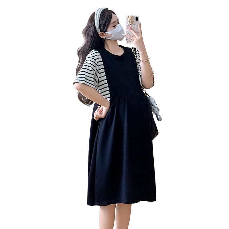 실사 여름 페이크 레이어드 스트라이프 임산부 드레스 루즈핏 빅 사이즈 중간 길이 니트 스웨터 슬림해 보이는 출산 스커트 이미지 5