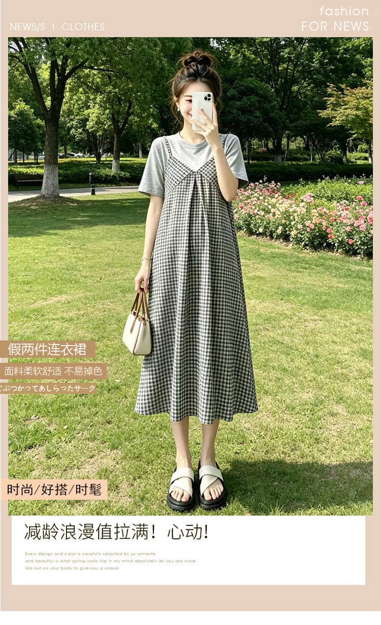 실사 여름 임산부 드레스 루즈핏 빅 사이즈 중간 길이 슬림해 보이는 페이크 레이어드 체크무늬 출산 스커트 상세 이미지 1