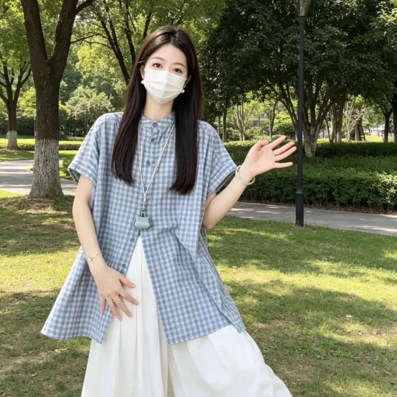 실사 여름 새로운 임산부 투피스 세트 루즈핏 품격 격자 무늬 셔츠 와이드 레그 팬츠 세트 이미지 3