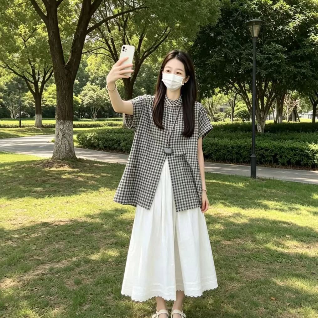 실사 여름 새로운 임산부 투피스 세트 루즈핏 품격 격자 무늬 셔츠 와이드 레그 팬츠 세트 이미지 2