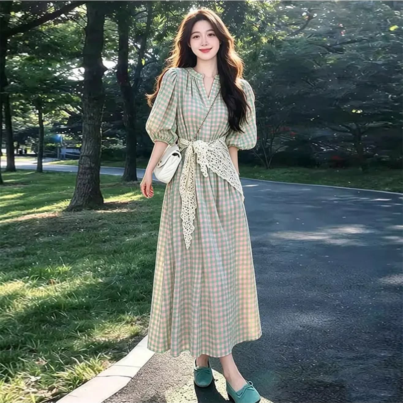 실사 임산부 드레스 여름 신제품 레트로 파란색 체크무늬 품격 드레스 패션 중간 길이 반팔 여성 이미지 2