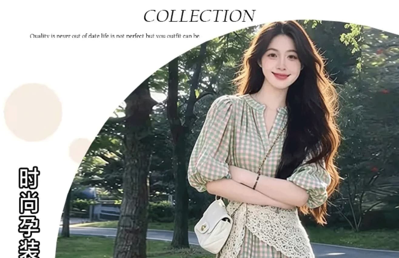 실사 임산부 드레스 여름 신제품 레트로 파란색 체크무늬 품격 드레스 패션 중간 길이 반팔 여성 상세 이미지 4