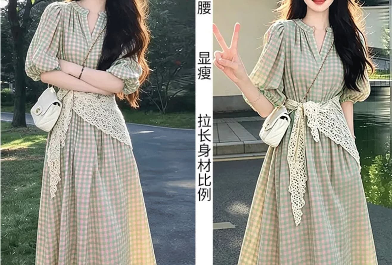 실사 임산부 드레스 여름 신제품 레트로 파란색 체크무늬 품격 드레스 패션 중간 길이 반팔 여성 상세 이미지 9